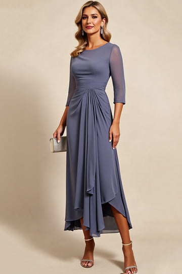 Chiffon Ruched Grey Mother of the Bride Dress with 3/4 Sleeves